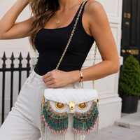 White Owl Top Handle Handbag | Beaded Tassel Vegan Leather Purse