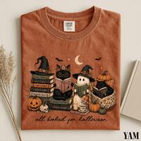 All Booked For Halloween Shirt, Funny Pumpkin Owl Book Cartoon Graphic Tee, Spooky Retro Humor Top, 