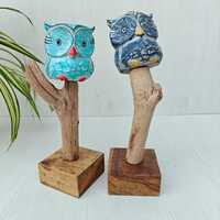 Hand Carved Wooden Owl Figurine on Stand, Woodland Bird Sculpture, Rustic Folk Art Owl Decor, Nurser