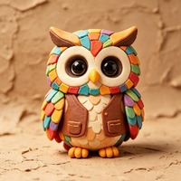 Colorful Owl Figurine, Cute Clay Owl Decor, Rainbow Feather Bird Miniature, Woodland Animal Gift, Fa