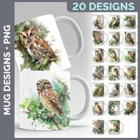 Watercolor Owl Mug Wrap PNG Bundle, 20 Botanical Sublimation Designs, Barn Owl Snowy Owl Great Horne