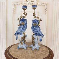 Blue Porcelain Owl Candlesticks with Bronze Ornaments, Vintage Home Decor Accent