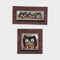 Pair Mid-Century Enamel on Copper Owls Plaque Paintings