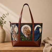 Pagan Spirit Guide (Hare, Owl, Raven) Tote Bag, Witchy Lunar Animal Artwork by Spirit by Linda