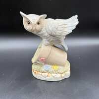Vintage Art Mark Hand-Painted Ceramic Owl Perched on Flower pot Figurine