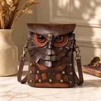 Gothic Mini Shoulder Purse Featuring 3D Owl Face and Riveted Leather Accents
