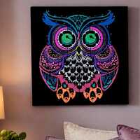 Mandala Owl Painting on Black Canvas | Whimsical Woodland Wall Art | Original 12x12 Acrylic Owl Deco