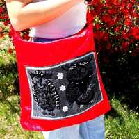 Handmade Red Velvet Tote Bag &ndash; Black Owl Embroidered Patch &ndash; Beaded Appliqu&eacute; Shou