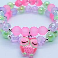 Pink Owl Charm Bracelet Set, Pastel Beaded Bracelet, Kawaii Owl Jewelry, Colorful Stacking Bracelet,