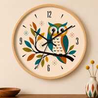 Retro Owl Wall Clock | Mid Century Bird Illustration, Nursery Decor