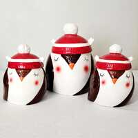 Vintage Arlington Designs Christmas Owl Canister Set of 3, Ceramic Holiday Cookie Candy Jars with Re