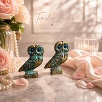 Greek Owl of Athena Figurines Pair, Brass Tone Verdigris Owls with Blue Glass Eyes, Wisdom Decor, Li