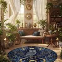 Celestial Owl Round Rug, Moon Phase Botanical Carpet, Witchcore Decor