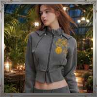 Owl Spirit Vintage Washed Cropped Zip Hoodie | Symbol of Wisdom & Intuition | Boho Owl Zip Hoodi