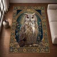 Ornate Owl Portrait Rug, Dark Teal Botanical Carpet with Gold Vintage Arch, Moody Victorian Area Rug