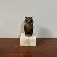 Vintage German Metal Owl Figurine on Marble Base - Mid Century Brass Owl Paperweight - Made in Germa
