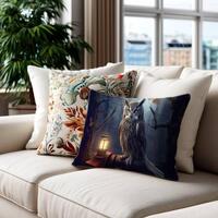 Moonlit Owl Lantern Open Book Fantasy Mythical Throw Pillow Home Decor