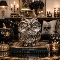 Silver Owl Figurine | Chrome Ceramic Owl Statue | Mid Century Modern Decor | Glam Shelf Accent | Con