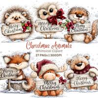 Christmas Animals Clipart PNG, 27 Cute Woodland Animals with Merry Christmas Sign, Fox Owl Bear Bunn