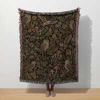 William Morris Owl Blanket, Vintage Woodland Cottagecore Woven Tapestry, Dark Academia Forest Witchy
