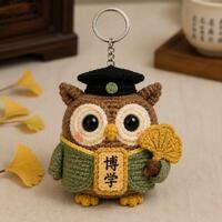 Ginkgo Leaf Owl Scholar Badge, Crochet Academic Wisdom Charm, Traditional Chinese Heritage Gift for