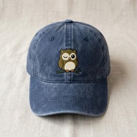 Custom Name Winking Cute Owl on Branch Embroidered Hat, Whimsical Forest Animal Nature Vibe, Vintage