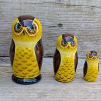 Vintage Russian Hand Painted & Signed Owl Nesting Dolls Set – Matryoshka Babushka