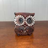 Vintage Hand-Painted Wooden Owl with Big Eyes, Folk Art Wood Figure, Brown White Bird Statue, Southw