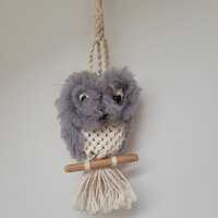 Macrame little owl figurine, wall hanging vintage figure, Retro collectible handmade bird animal rop