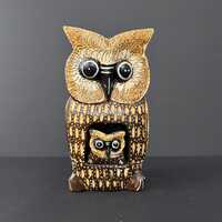 Hand-Carved Wooden Owl Figurine with Baby Owl, Rustic Home Decor