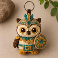 Vanilla Owl Warrior Token, Crochet Aztec Guardian Charm, Mesoamerican Inspired Totem Accessory
