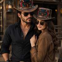Brown Owl Print Western Cowboy Hat | Leather Look Steampunk Hat | Unisex Festival & Fashion Hat
