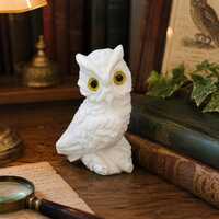 Vintage Italian Carved Alabaster Owl Figurine White Stone Bird with Yellow Glass Eyes