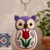 Persian Tulip Owl Charm, Literary Crochet Bag Accessory, Embroidered Floral Bird Talisman for Poets