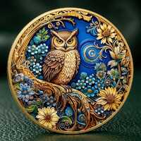 Floral Owl Metal Coin, 3D Bird Totem Token, Blue Enamel Flower Souvenir, Wisdom Nature Lover Gift, C