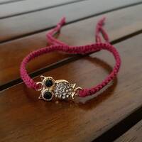 Pink Macrame Bracelet with Gold Owl Charm, Adjustable Handmade Jewellery