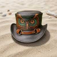 Hand-Painted Owl Leather Top Hat, Steampunk Gothic Festival Accessory