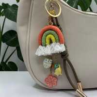 Rainbow Owl Bird Charm &bull; Boho Purse Accessory &bull; Braided Cord Keychain