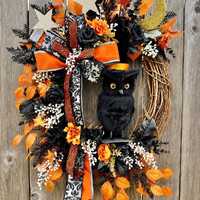 Light Up Owl Halloween Grapevine Wreath, Black & Orange Halloween Wreath