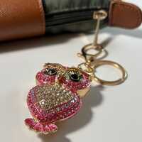 Pink Crystal Owl Keychain, Rhinestone Bag Charm, Gold-Tone Owl Pendant, Handbag Accessory