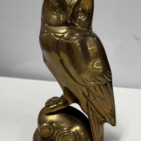 Vintage Brass Owl Statue Figurine: MCM Mid Century Modern Retro 1970s Log Bird