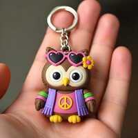 Boho Owl Festival Charm, Hand Painted 3D Printed Keychain, Music Event Accessory