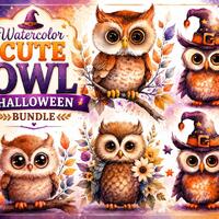 Watercolor Cute Owl Halloween Clipart Bundle PNG, Spooky Owl with Pumpkin & Witch Hat, Fall Hall