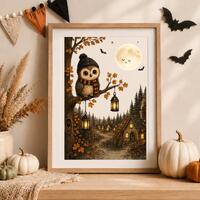 Owl Halloween Printable Wall Art, Cozy Halloween Decor, The Hollow Guardian, Woodland Owl Print, 8x1
