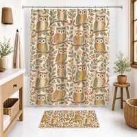 Woodland Owl Shower Curtain, Rustic Folk Art Owls Bathroom Decor Set With Bathmat, Water-Resistant F