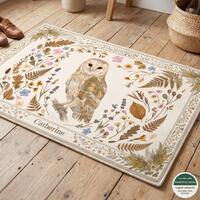 Barn Owl Custom Botanical Rug, Personalized Watercolor Animal Rug, Cottagecore Nursery Bath Mat, Gif