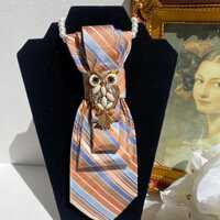 Upcycled Vintage Tie Necklace, Peach Blue Owl Statement, OOAK Handmade Jewelry