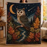 Owl Quilted Blanket, Night Owl Quilt, Moonlight Forest Throw, Woodland Animal Blanket, Cozy Rustic B