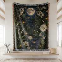 Moonlit Owl Garden Woven Blanket, Dark Botanical Wall Tapestry, Celestial Cottagecore Decor, Mystica