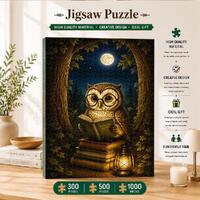 Reading Owl Night Forest Puzzle, Whimsical Woodland Jigsaw, Moon Book Lantern Cottage Game, Cozy Boo